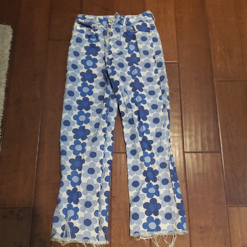 Zara White and Blue Straight Leg Jeans